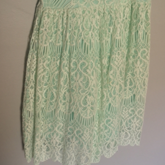 Mint Green Formal Dress with White Lace Detailing - Picture 3 of 4